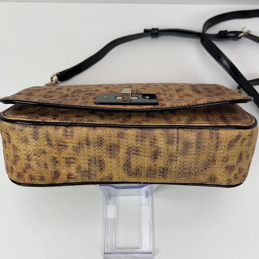 Kate Spade Woven Straw Crossbody Bag Gold Turn Lock Leopard Print Satchel Medium